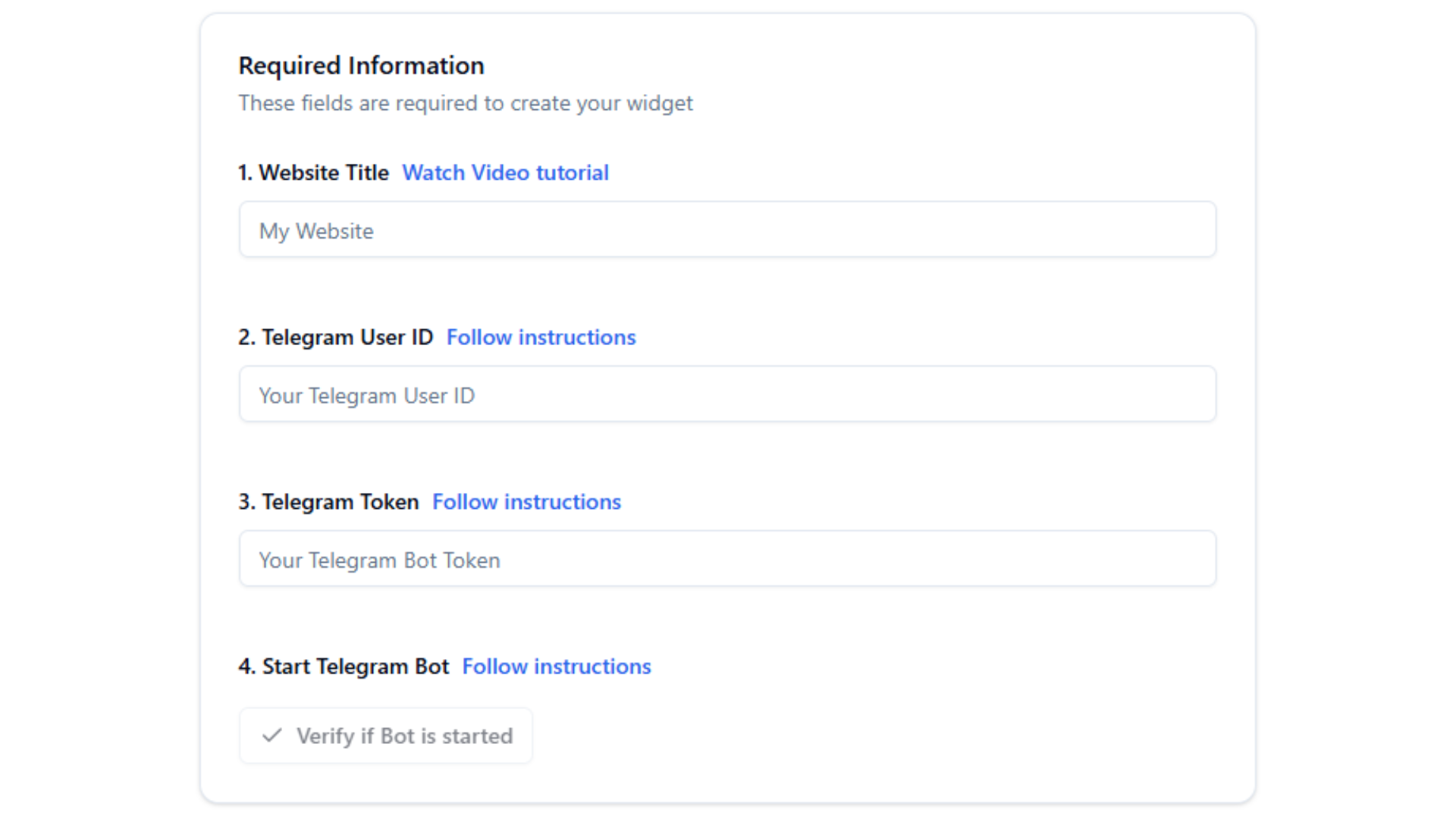 BirdyChat Chat Manager – Required Information fields for creating widget