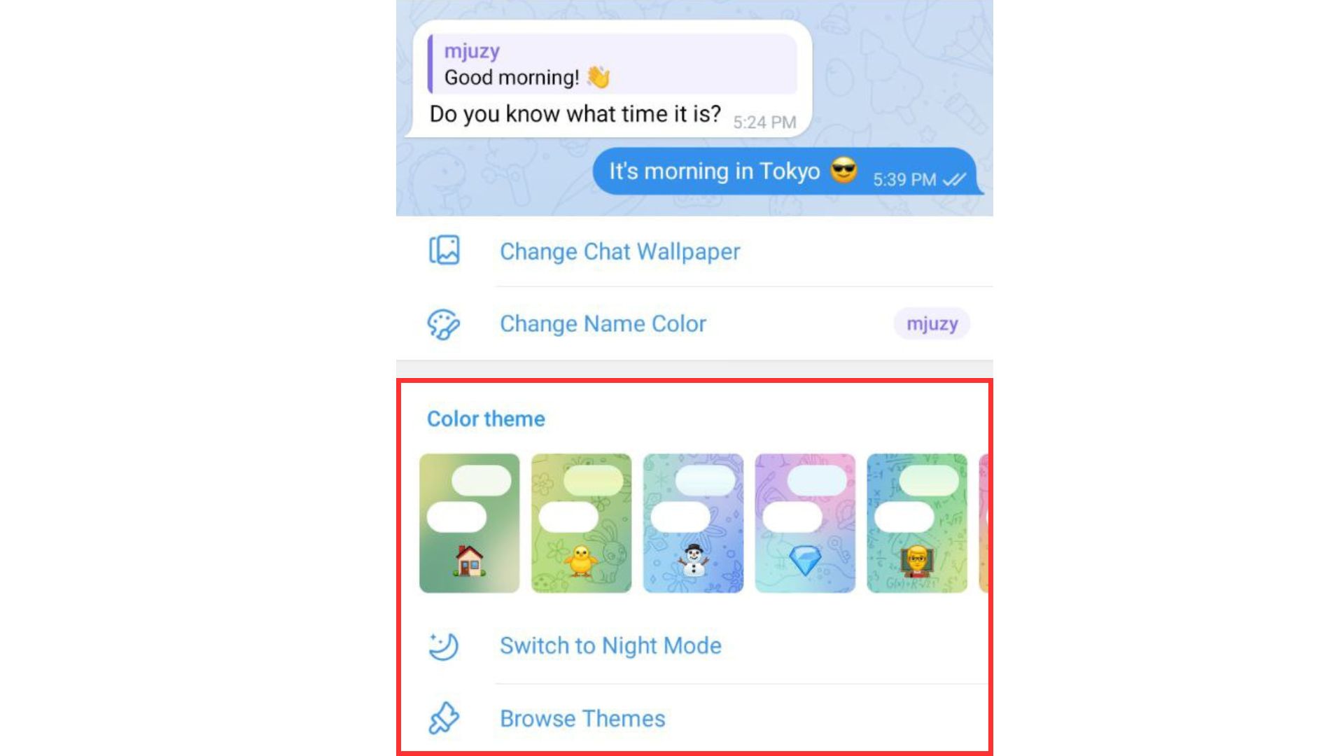 Telegram Chat Settings β Color Theme options for reading BirdyChat visitor messages comfortably