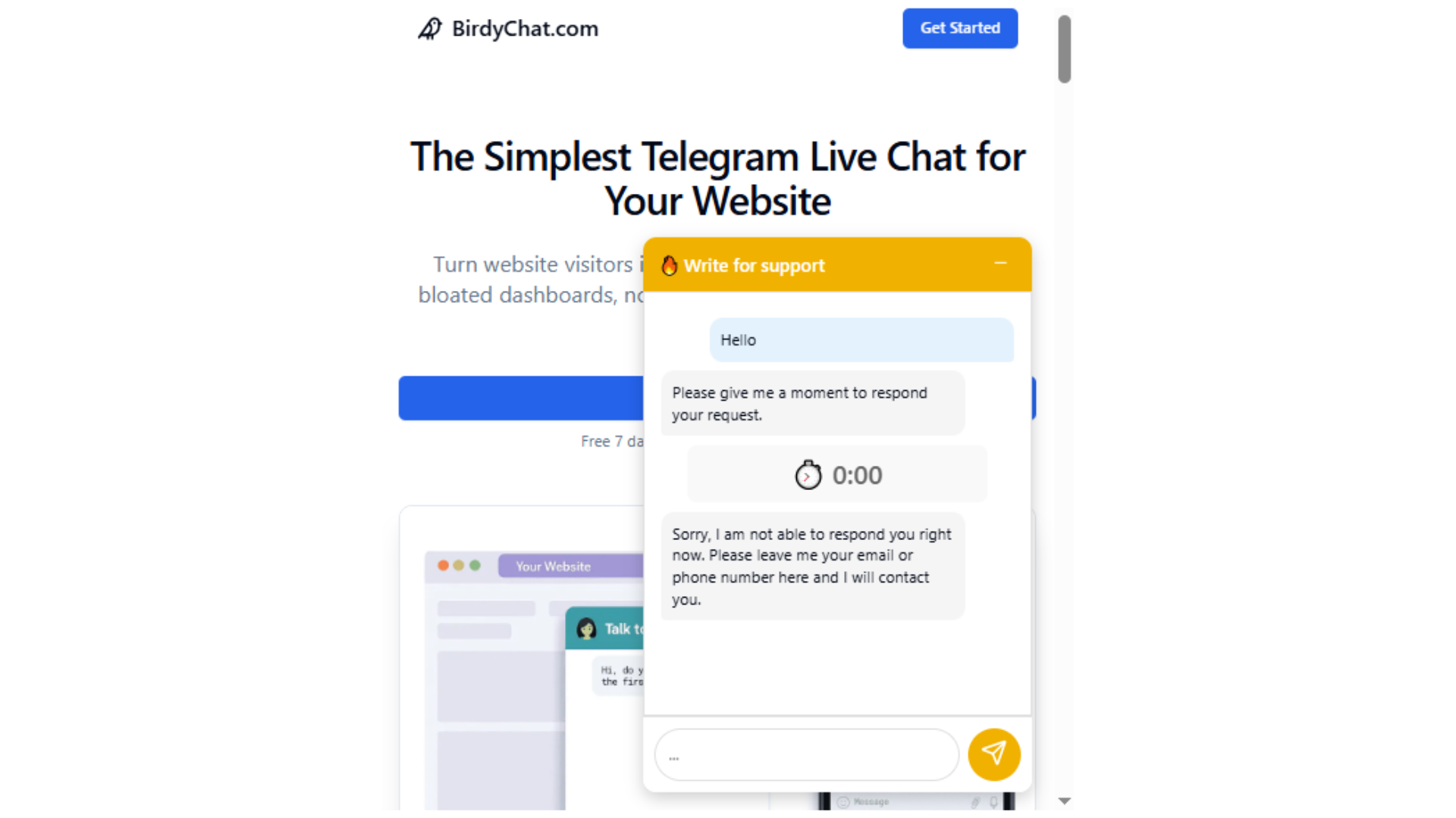 BirdyChat Chat Manager – Live chat preview showing firstAutoResponse and lastAutoResponse with timer